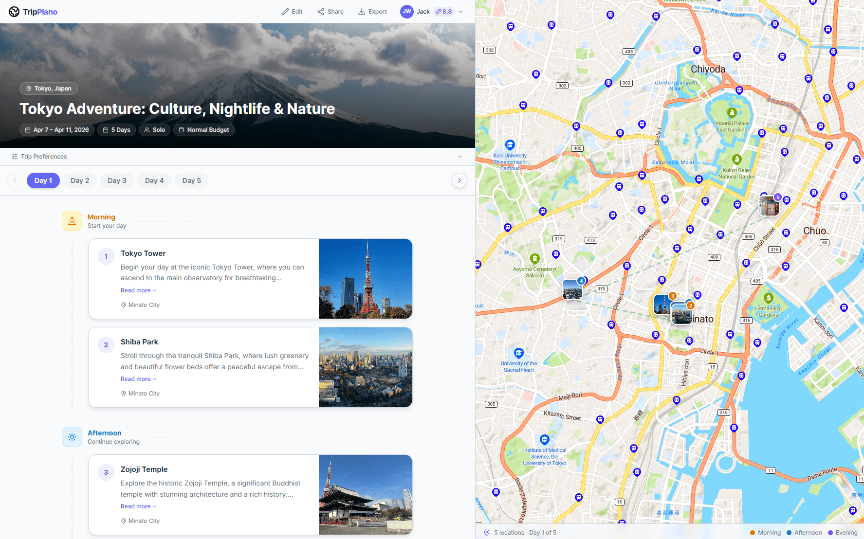 TripPlano AI trip planner showing a day-by-day itinerary with interactive map